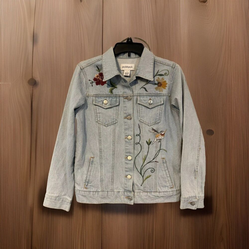 Peck & Peck Women's Hummingbird Floral Embroidered Denim Jean Jacket Small